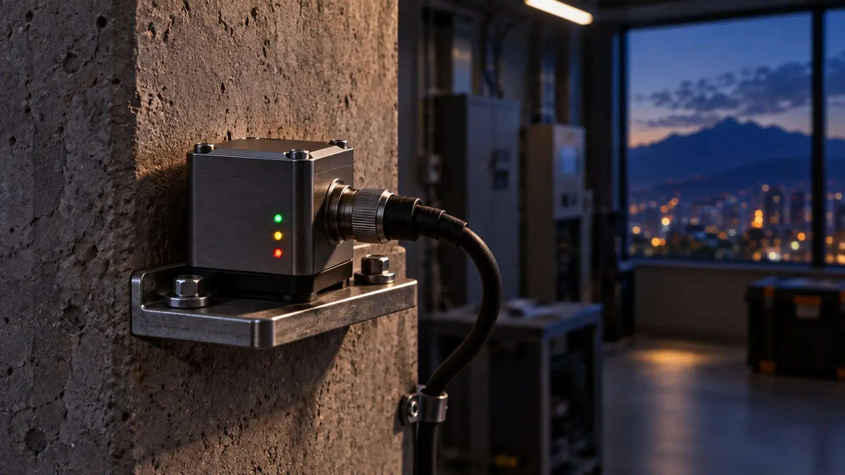 Acelerómetro industrial de carcasa metálica atornillado a una base anclada a una columna de concreto, con cable blindado y tres indicadores