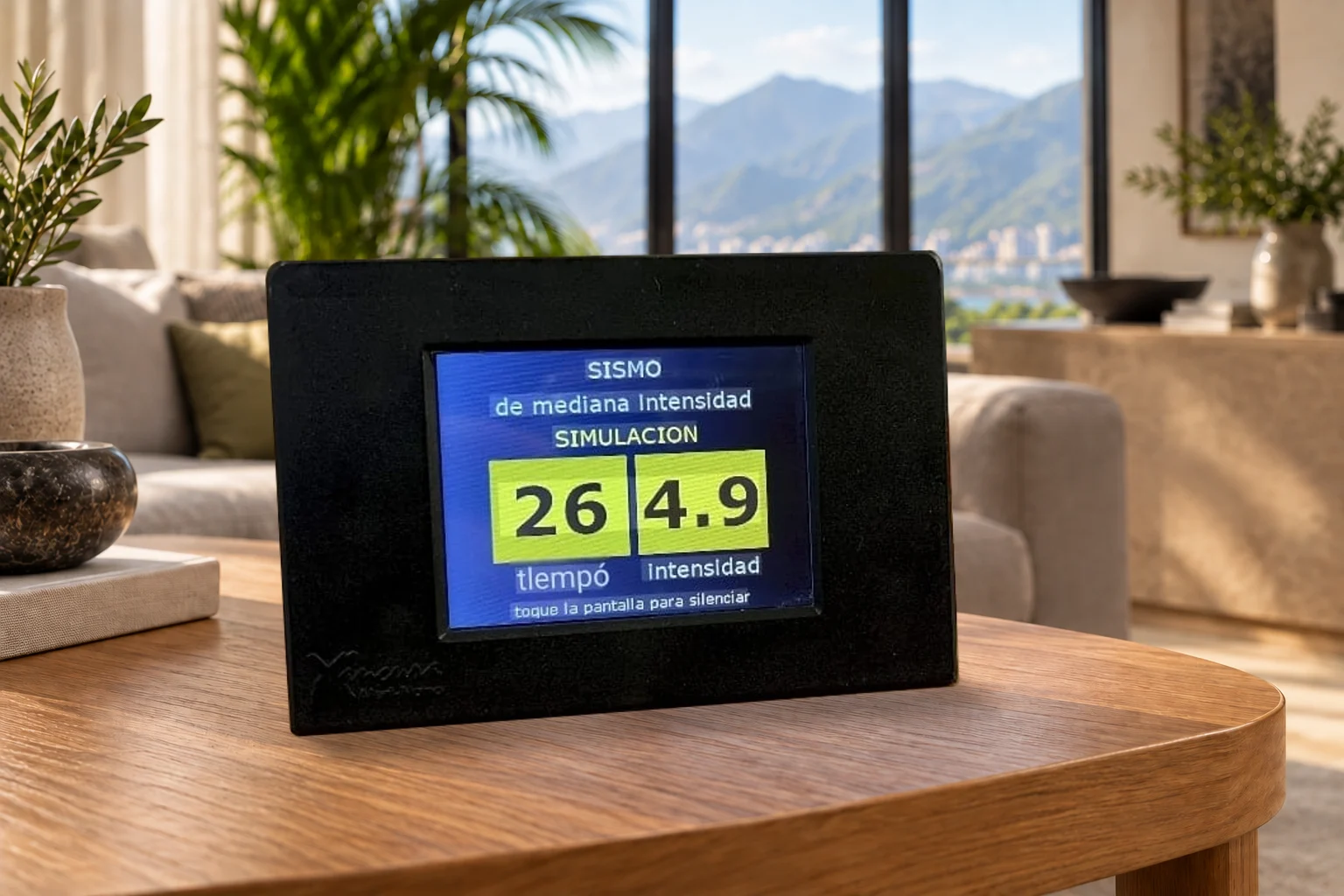 Alertnano de carcasa negra en una sala, con la pantalla de simulación mostrando 26 en tiempo y 4.9 en intensidad