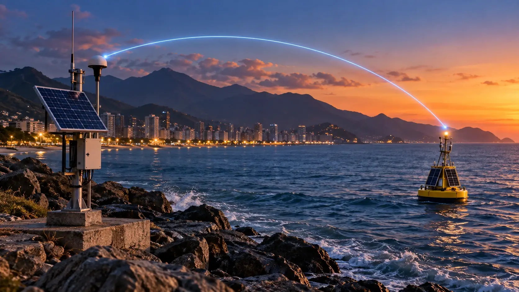 Boya instrumentada en el mar enlazada con una estación costera, con la ciudad iluminada al fondo al atardecer