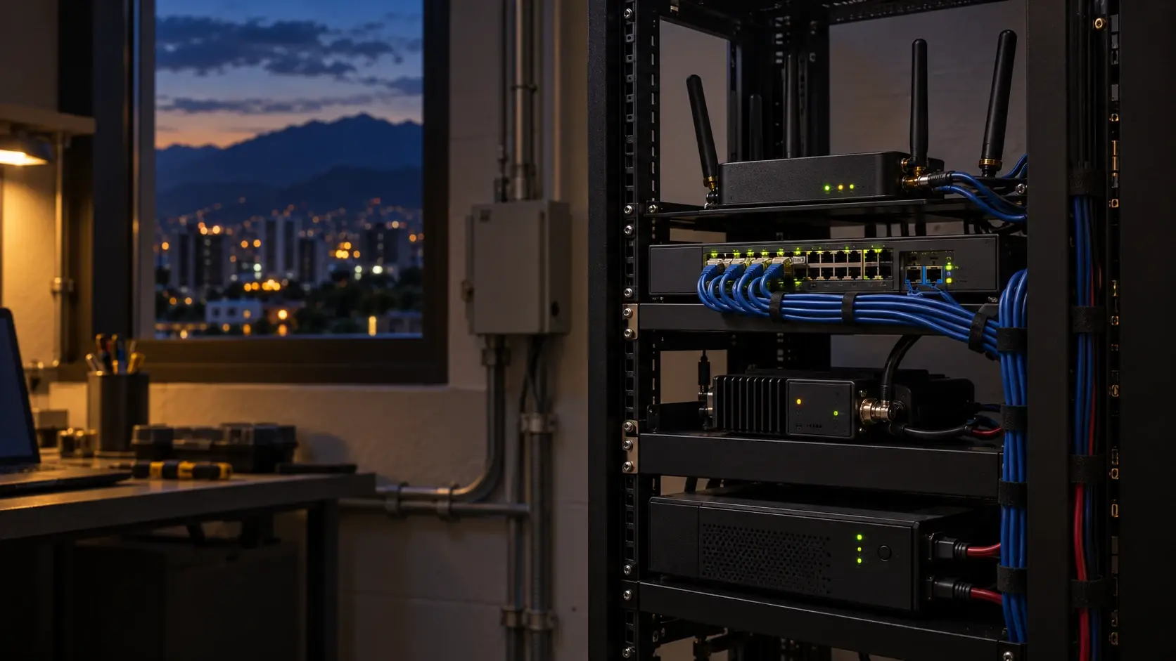 Rack de telecomunicaciones con router celular con antenas, switch de red y equipo de radio, en un cuarto técnico