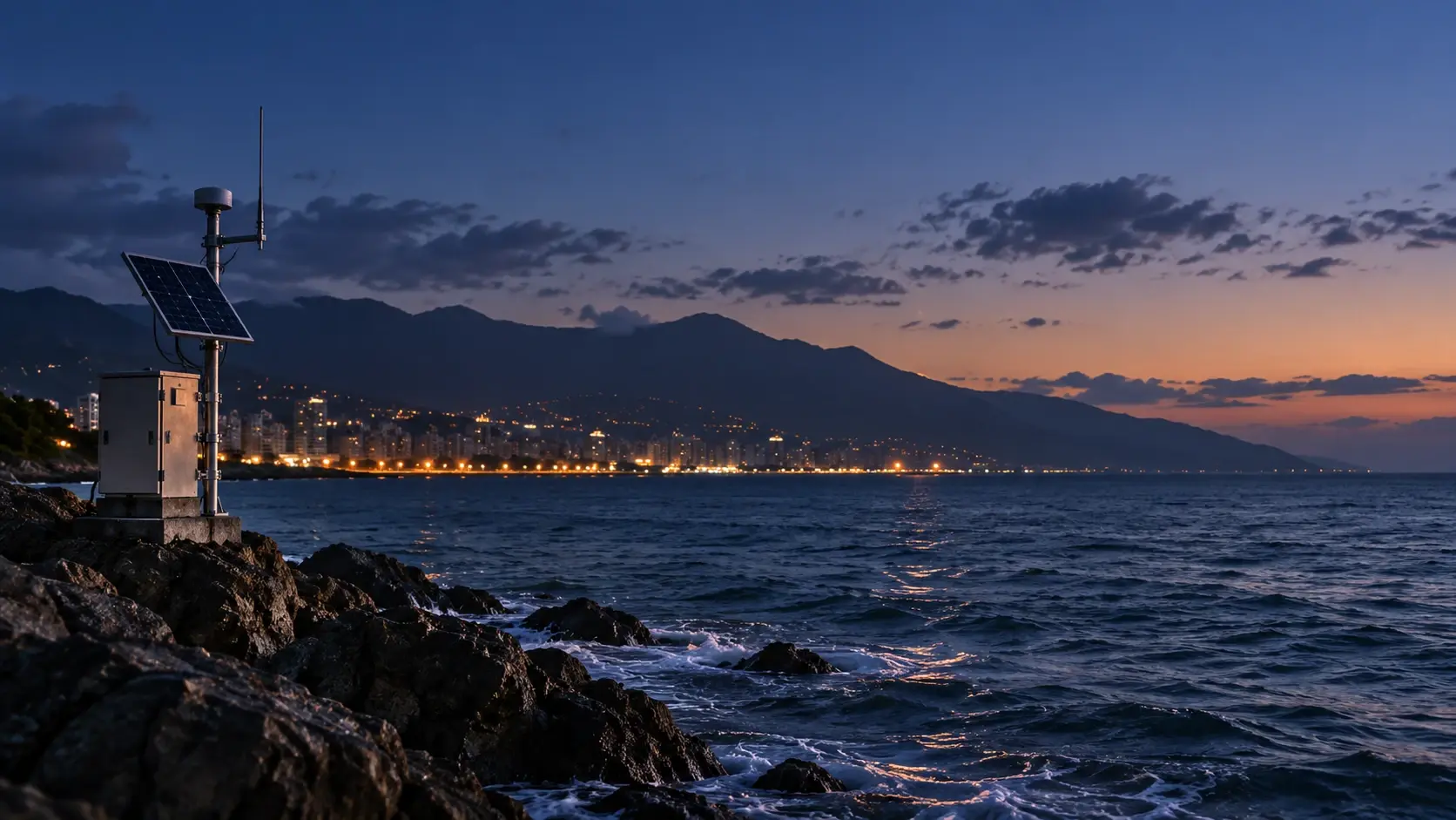 Estación de monitoreo con panel solar y antena sobre rocas junto al mar, con la ciudad y la cordillera de la costa al anochecer