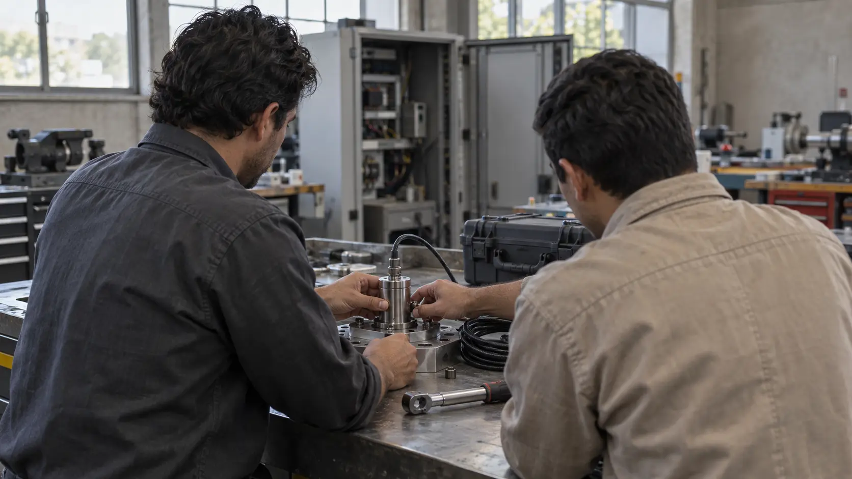 Dos técnicos de espaldas verifican un sensor sobre una placa de calibración en un banco de trabajo industrial