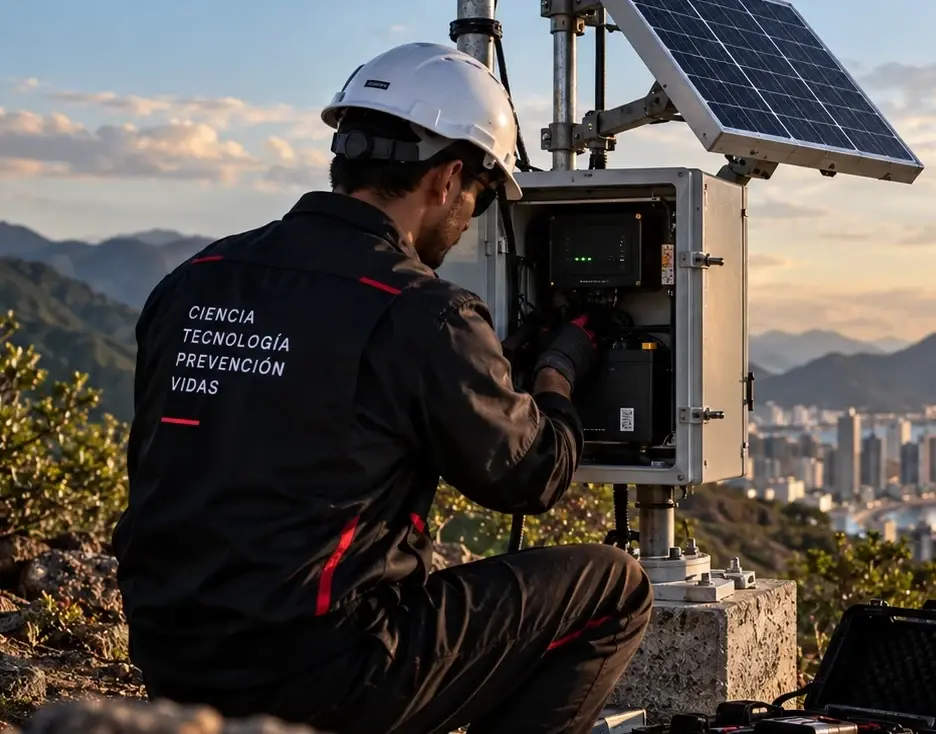 Técnico con casco ajustando el interior de un gabinete de estación sísmica con panel solar y antena, sobre una loma con la ciudad al fondo