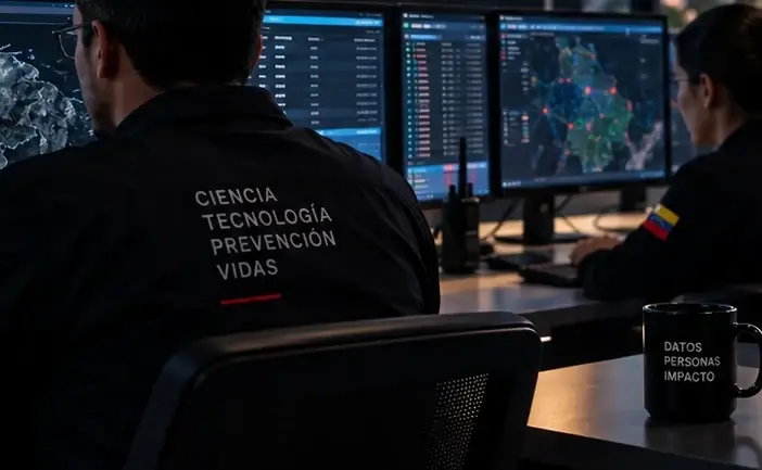 Dos operadores de turno frente a monitores con registros sísmicos y mapas de estaciones, en una sala en penumbra