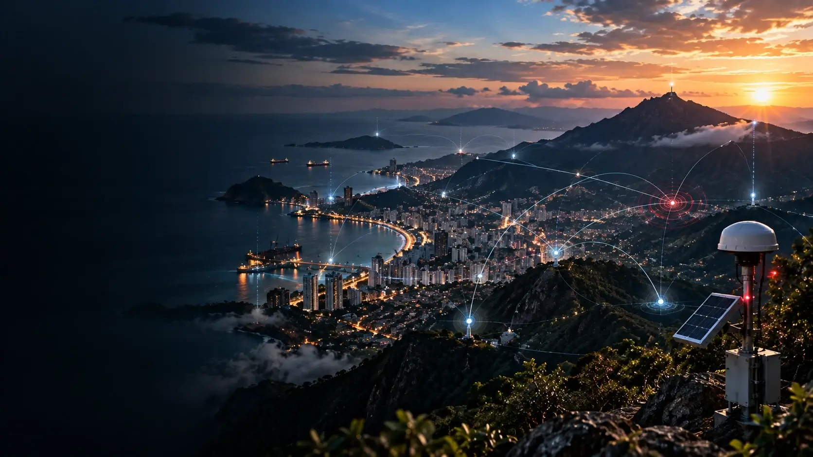 Vista aérea de una bahía al atardecer con nodos luminosos enlazados entre la costa, la montaña y el mar
