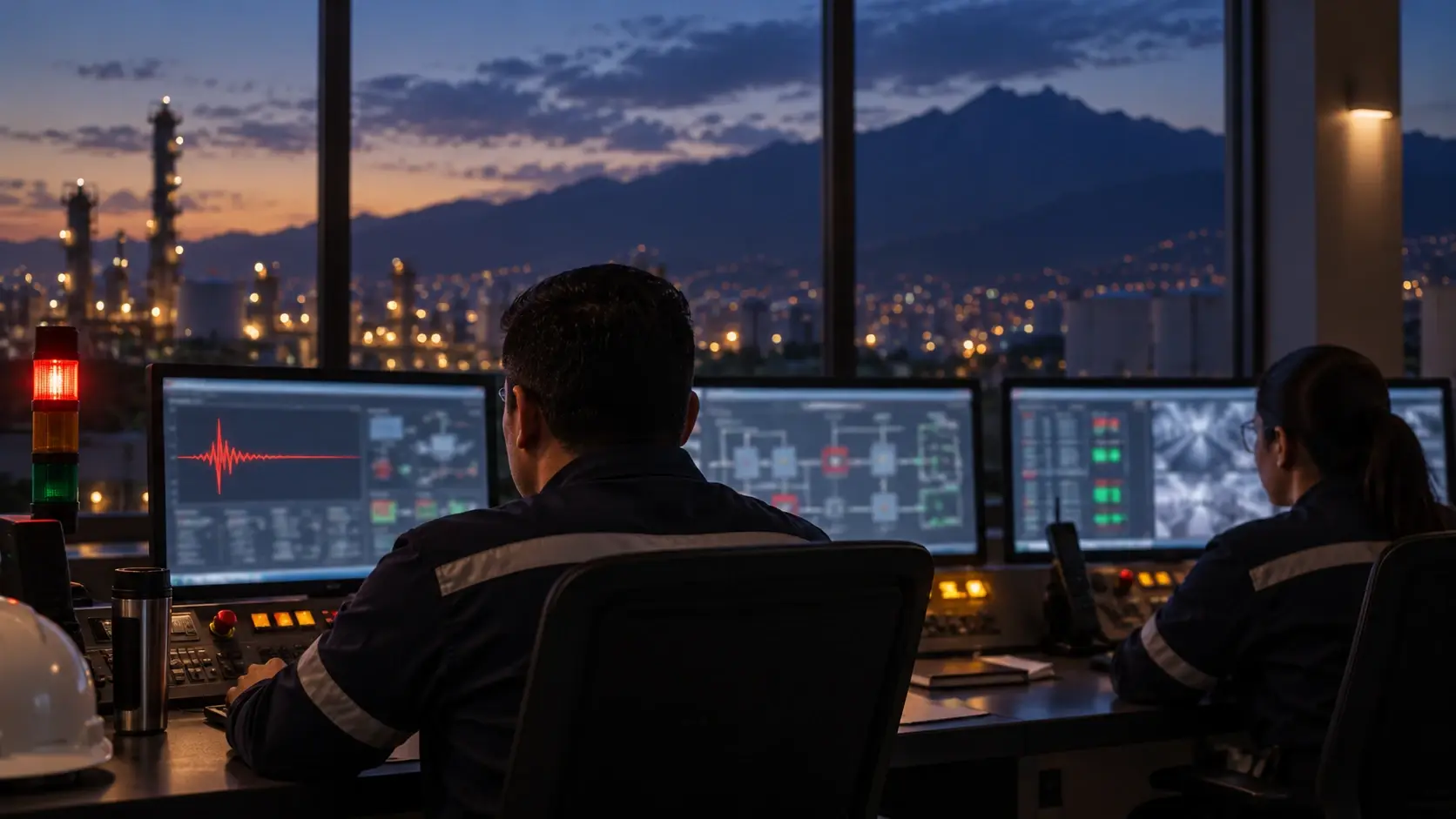 Operadores de turno en una sala de control con vista a una planta industrial iluminada, con una baliza de señalización junto al puesto