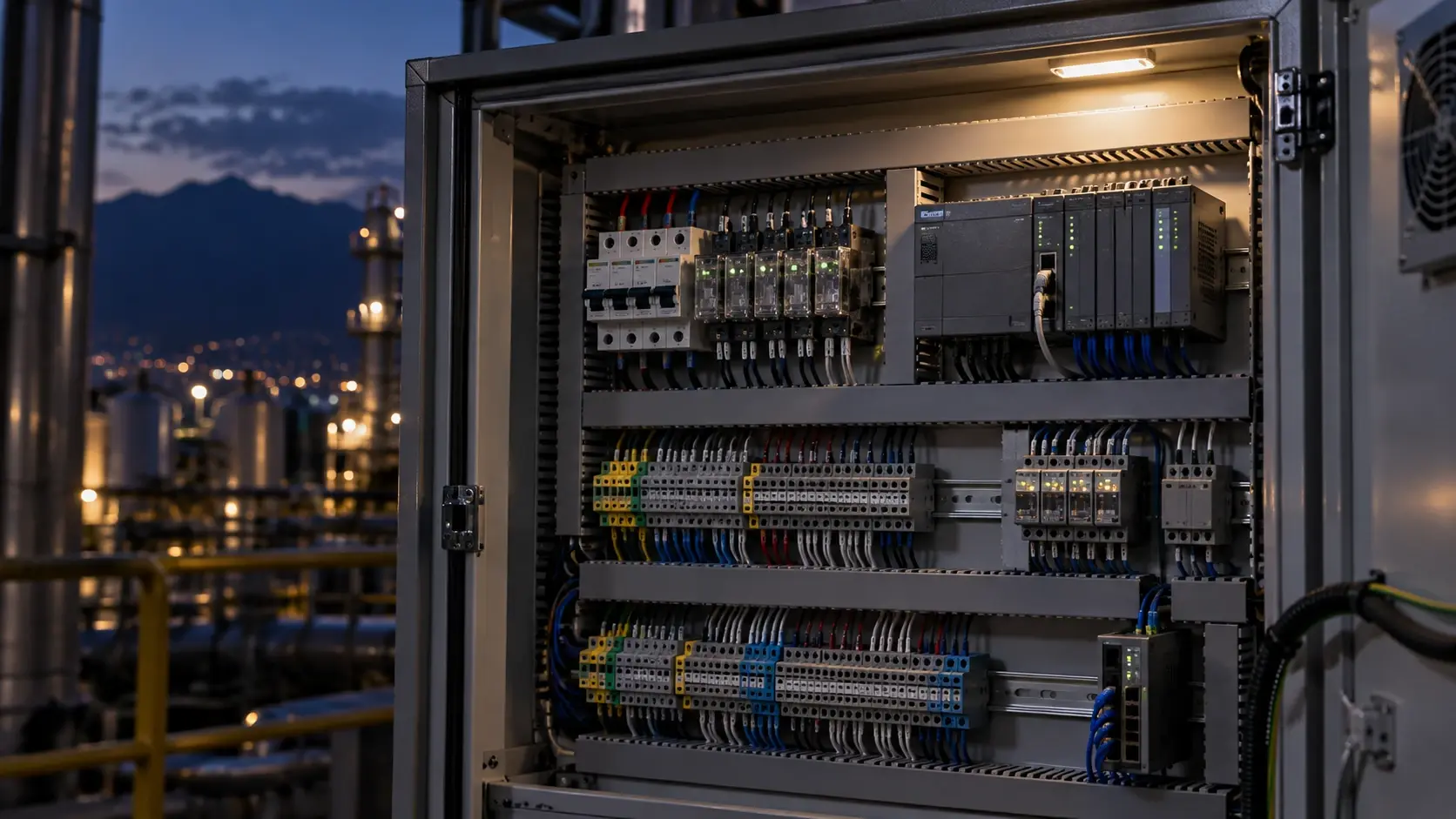 Tablero eléctrico industrial abierto con relés en riel DIN, bornes, controlador lógico y switch de red, frente a una planta iluminada